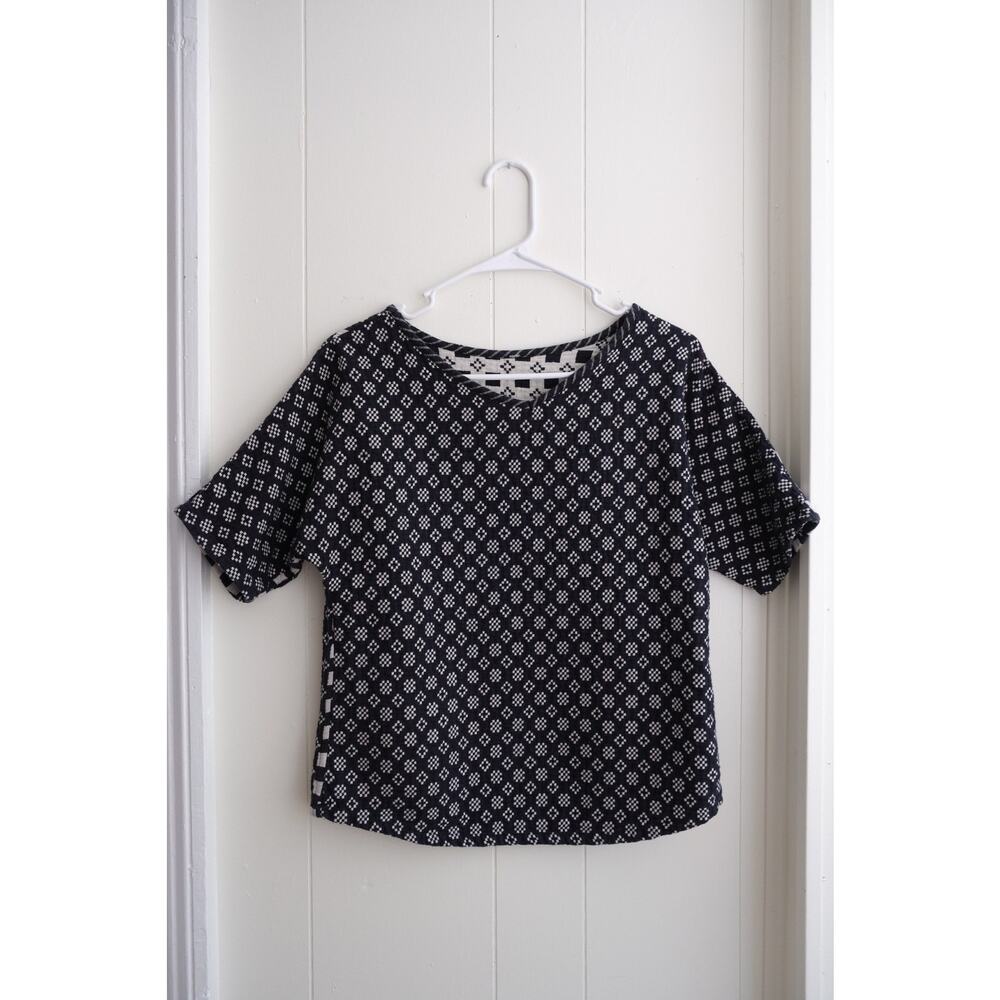 Ace & Jig Womens Reversible Quilted Top Blouse Navy White Geometric Cotton